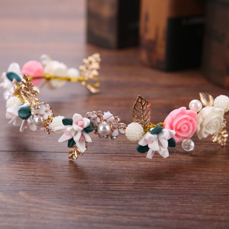 抖音新款新款新娘手工珍珠头饰 彩色软陶叶子婚纱礼服配饰发带 新