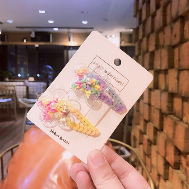 抖音新款PVC软陶小花亮片发夹韩国东大门款花朵珍珠BB夹发饰头饰