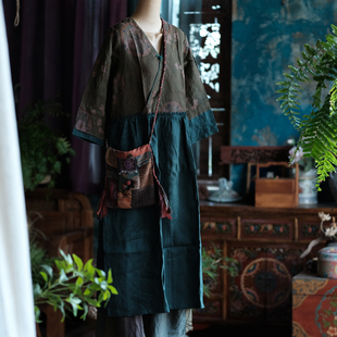 国风复古文艺仿香云纱印花亚麻撞色裙衣1891冬青