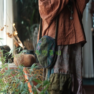 棉料斜跨包包百搭B090条绒绿拼