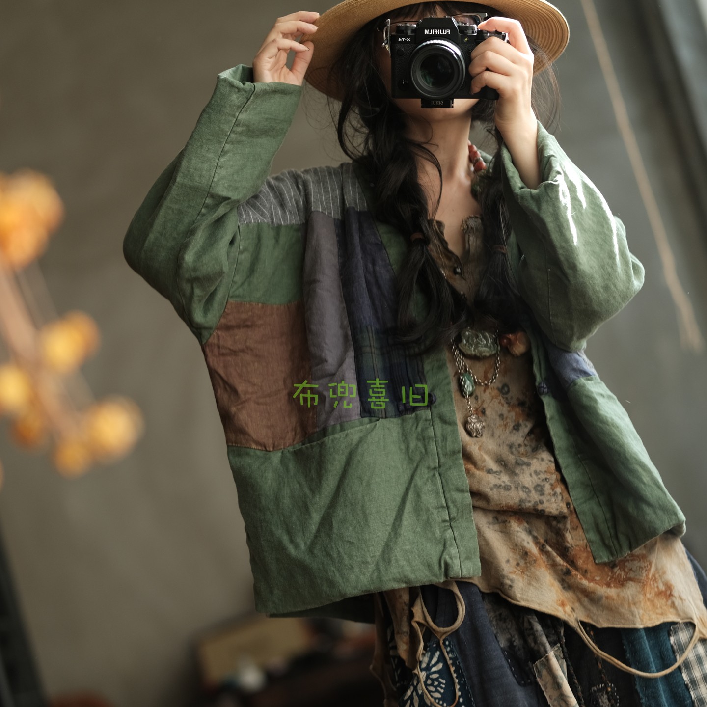复古文艺做旧雪花洗亚麻拼布宽松短棉衣1788绿拼