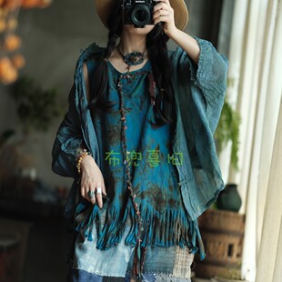 复古手工植物染棉料圆领背心马夹坎肩2368兰调