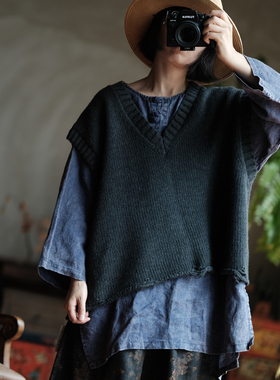 复古文艺羊毛V领毛边坎肩马夹7168灰