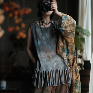 复古手工植物染棉料圆领背心马夹坎肩2368灰调