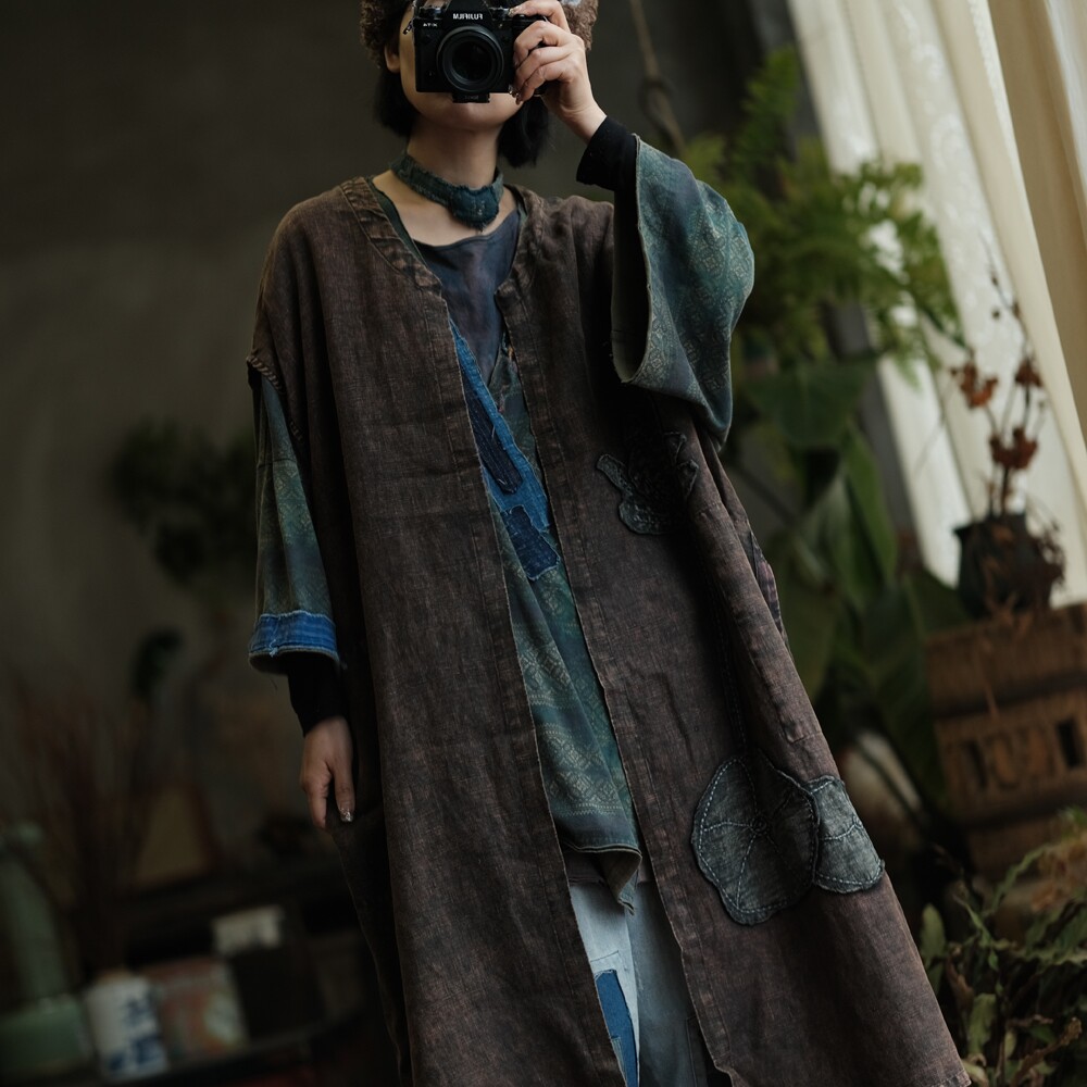 水洗亚麻宽松荷花贴布文艺开叉长坎肩2021退色洗