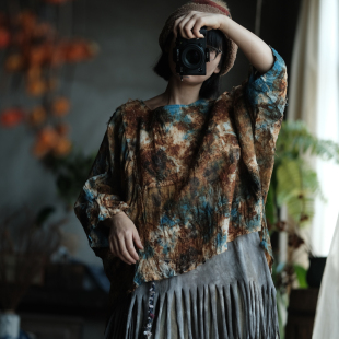 高端麻料毛边圆领宽松小衫 2089植物染兰染锈色