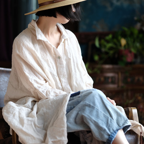 水洗麻料薄衬衫米杏飘逸宽松