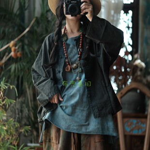 复古做旧贴布炒色棉麻外套中式 2030退色洗 盘扣手工缝线宽松衬衫