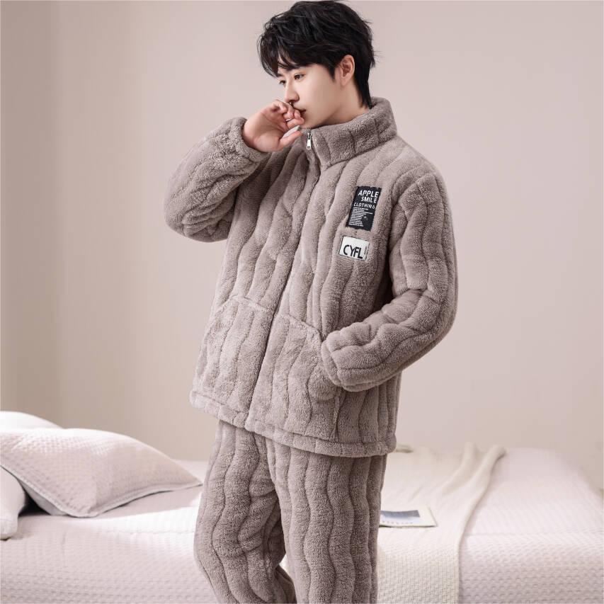 冬季新款青年男士睡衣加厚大码男款法兰绒夹棉家居服套装可外穿