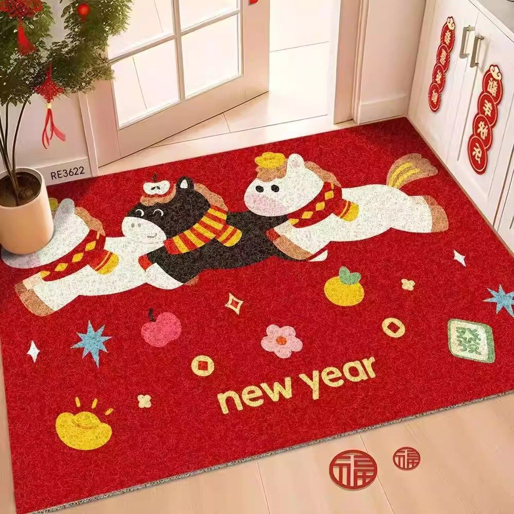 入户地垫马年红色喜庆卡通风丝圈地垫可剪裁耐脏除尘家用门口地垫,居家布艺,入户地垫,淘宝优惠券,粉丝福利购,淘宝优惠卷