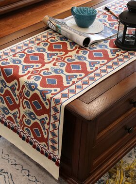 新年餐桌布艺红色图腾民族风波西米亚桌旗美式茶几盖布套装定制