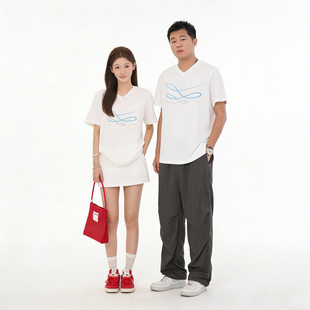 美式高街简约印花图案情侣短袖T恤夏季V领修身男女小众不撞款上衣