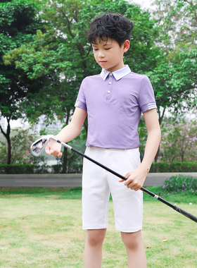 ZG6夏季高尔夫球童装男套装儿童运动球服紫色短袖T恤亲子白色中裤