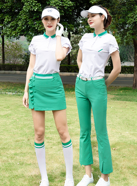 夏季ZG6高尔夫衣服女球服装女套装时尚白色短T绿色喇叭九分裤裤子