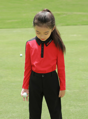 春夏ZG6高尔夫童装男女儿童球服套装运动长袖红色翻领上衣黑长裤