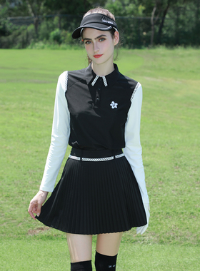 ZG6高尔夫服装女运动球衣黑色长袖修身显瘦速干T恤网球服女百褶裙