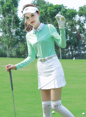 春夏ZG6高尔夫服装女球服女士套装浅绿防晒长袖速干T恤白色短裙