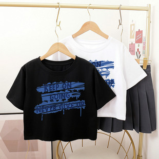 夏季纯棉短袖T恤女童衣服中大童短款宽松儿童高腰露腰跳舞上衣春