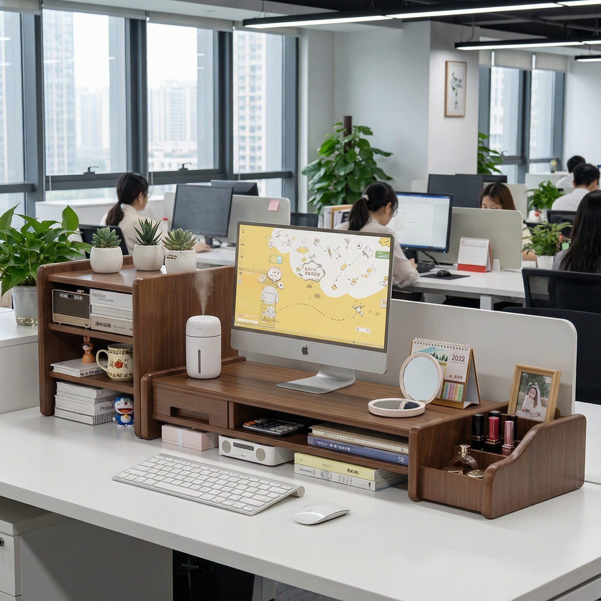 台式工位电脑增高架家用办公桌面收纳置物架带抽屉显示器垫高托架