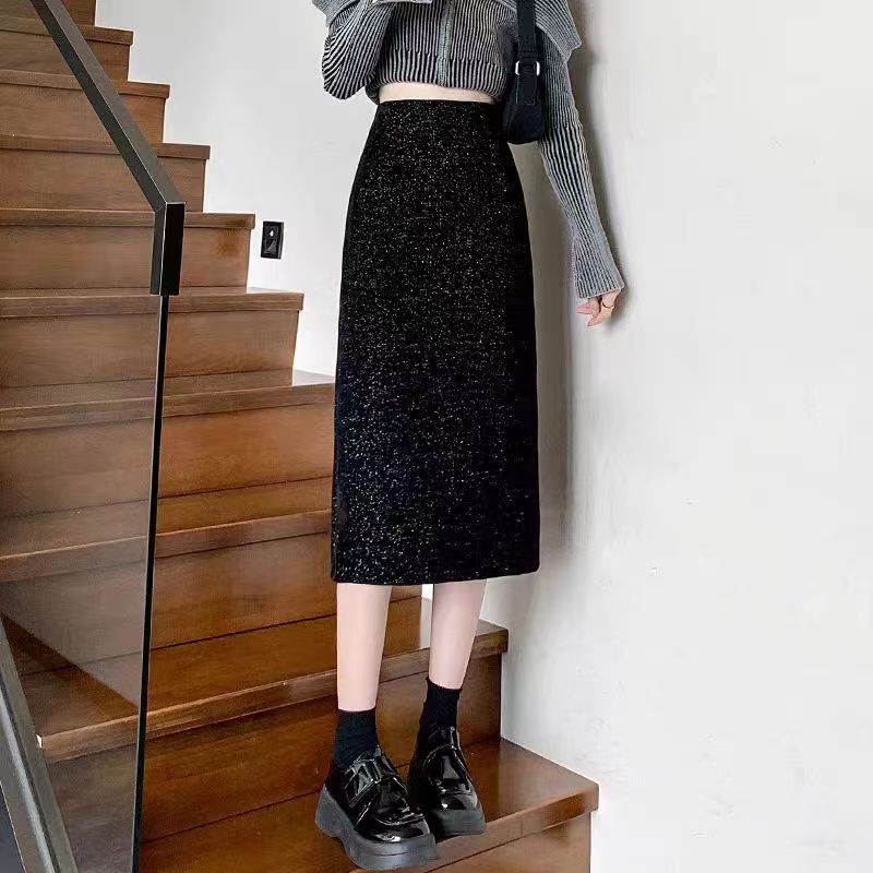 加厚亮丝绒半身裙女秋冬高腰直筒a字半裙中长款开叉一步包臀裙子