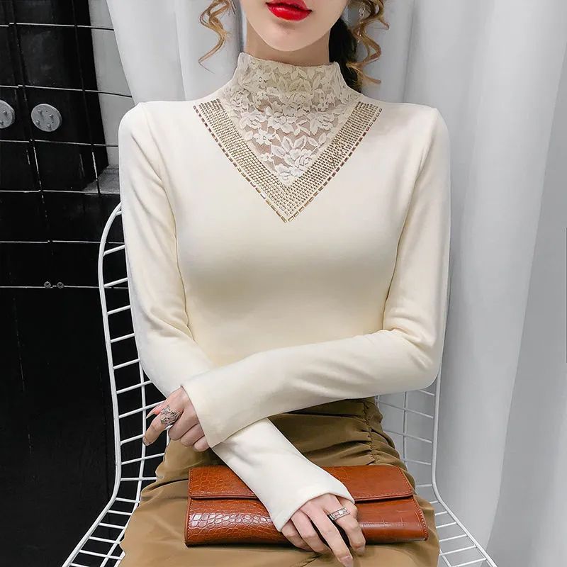 加绒加厚打底衫女秋冬欧货时尚重工烫钻上衣洋气内搭高领长袖T恤