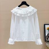 新款 女简约韩版 加绒加厚小清新蕾丝娃娃领衬衣新款 秋冬打底白衬衫