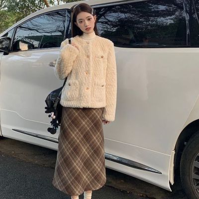复古设计感小众格子包臀半身裙女装秋冬高腰显瘦毛呢A字中长裙