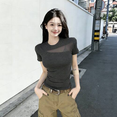 夏季小众圆领打底衫上衣网纱拼接短袖t恤女韩版时尚蕾丝纯欲女装