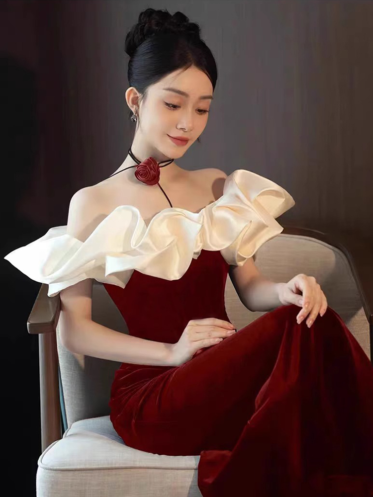 Evening dress, elite burgundy velvet skirt, open shoulders Evening dress, elite burgundy velvet skirt, open shoulders