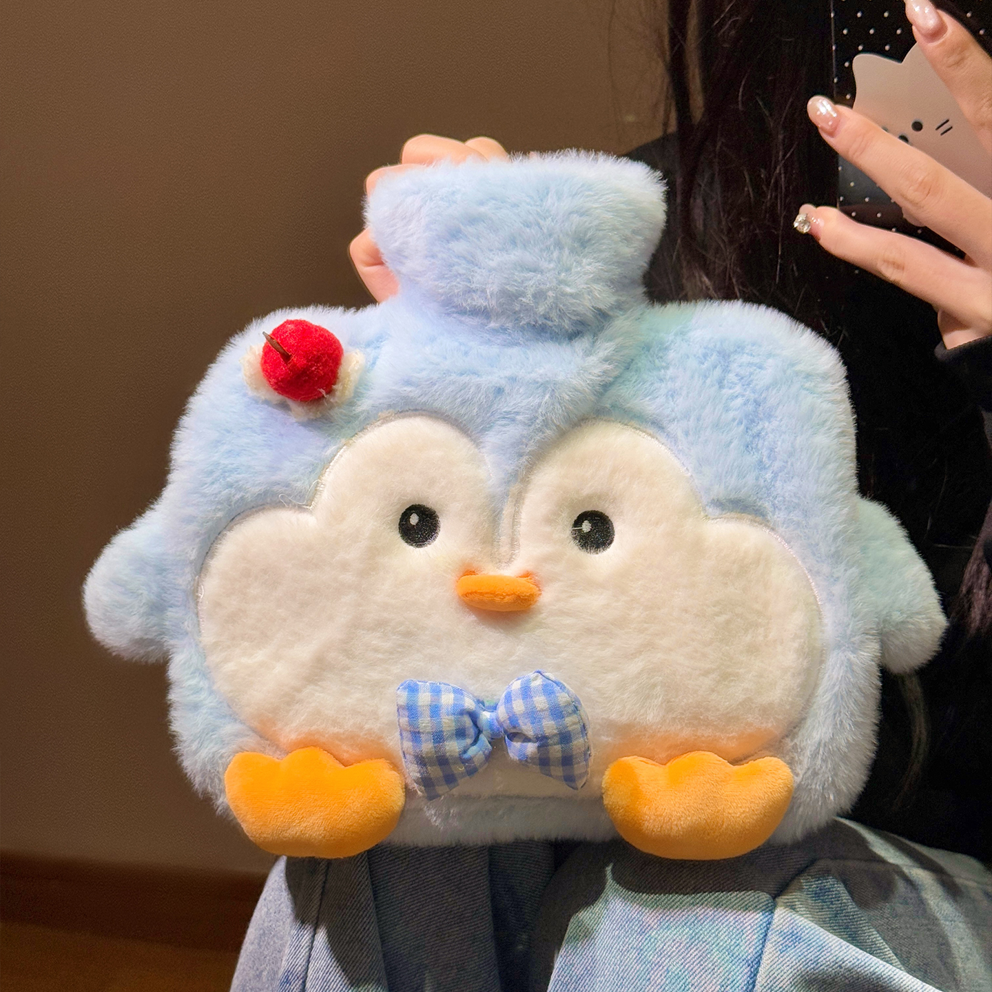 可爱企鹅注水热水袋毛绒绒防冻