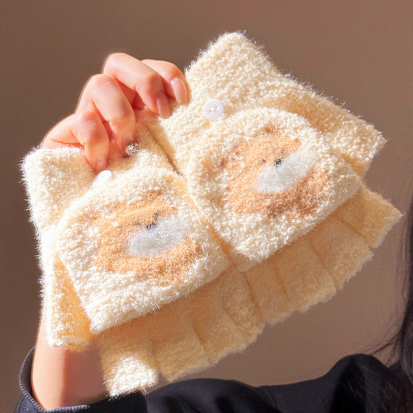 可爱卡通小狗半指翻盖针织手套女