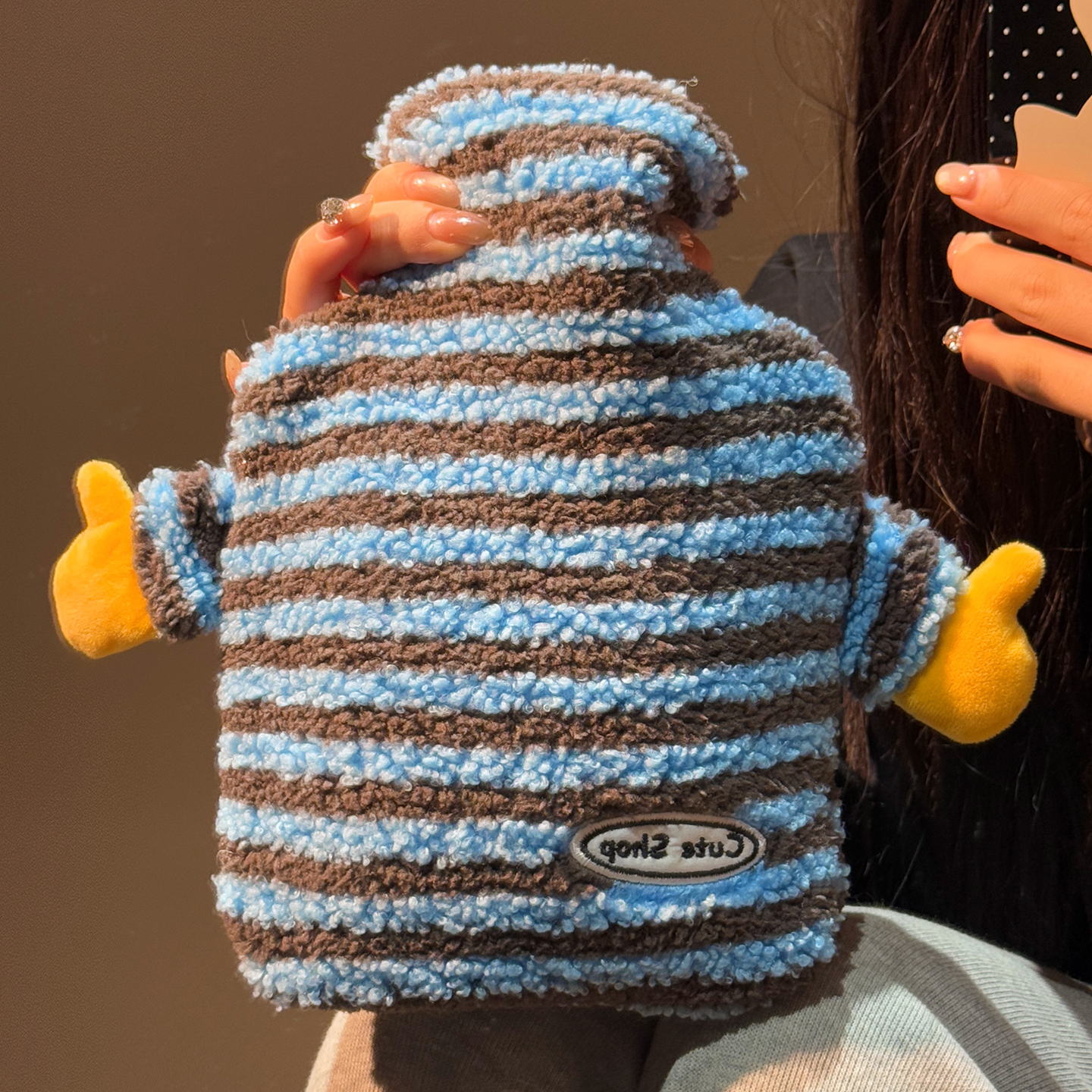 可爱点赞条纹毛绒注水热水袋热敷