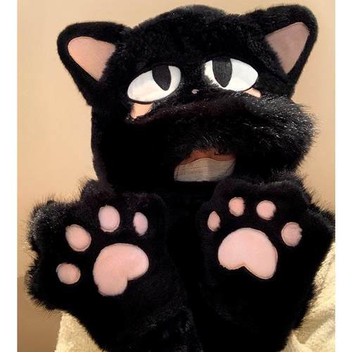 可爱黑猫毛绒帽子三件套百搭保暖
