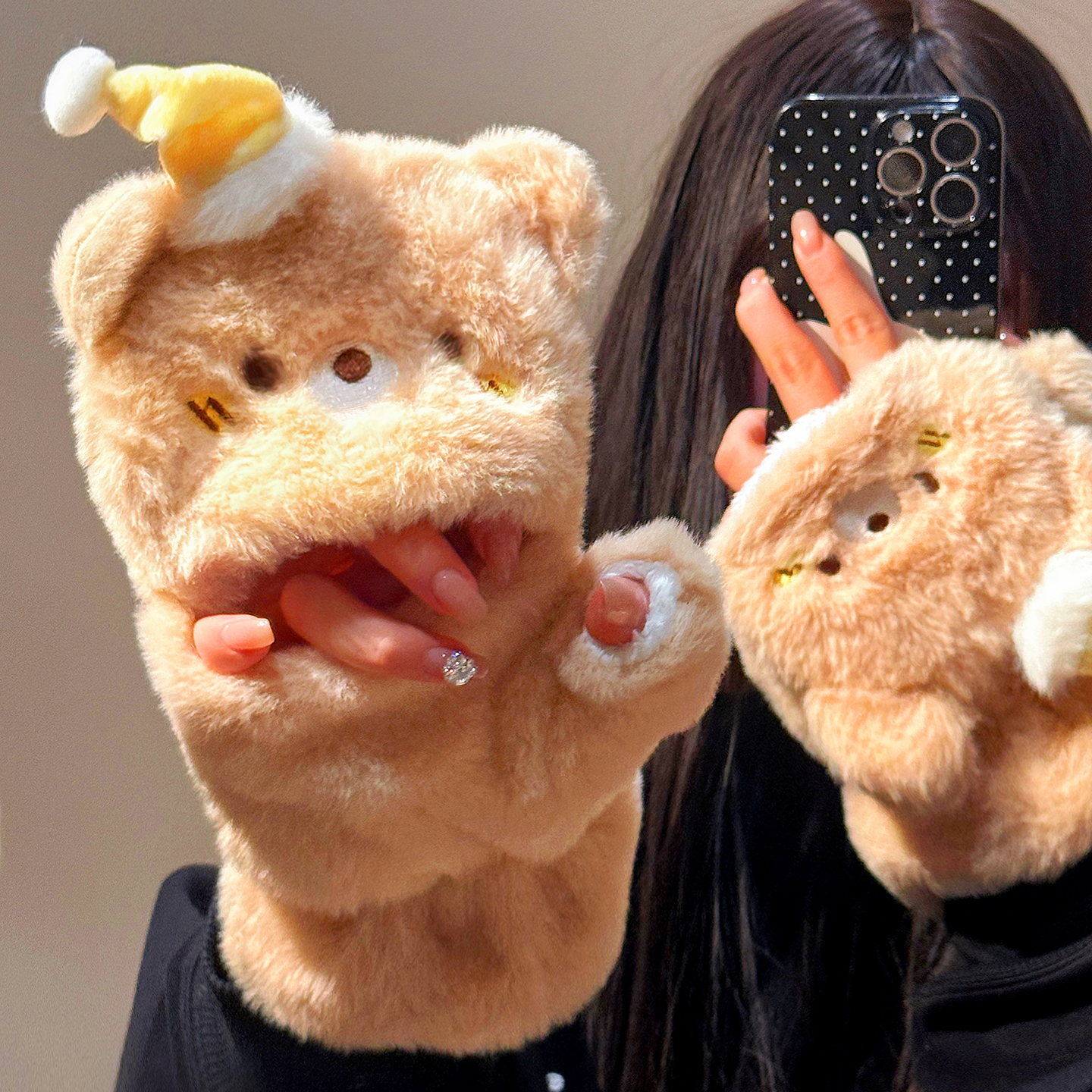 可爱小熊毛绒手套半指翻盖可触屏女冬季骑行保暖学生写字防寒加厚