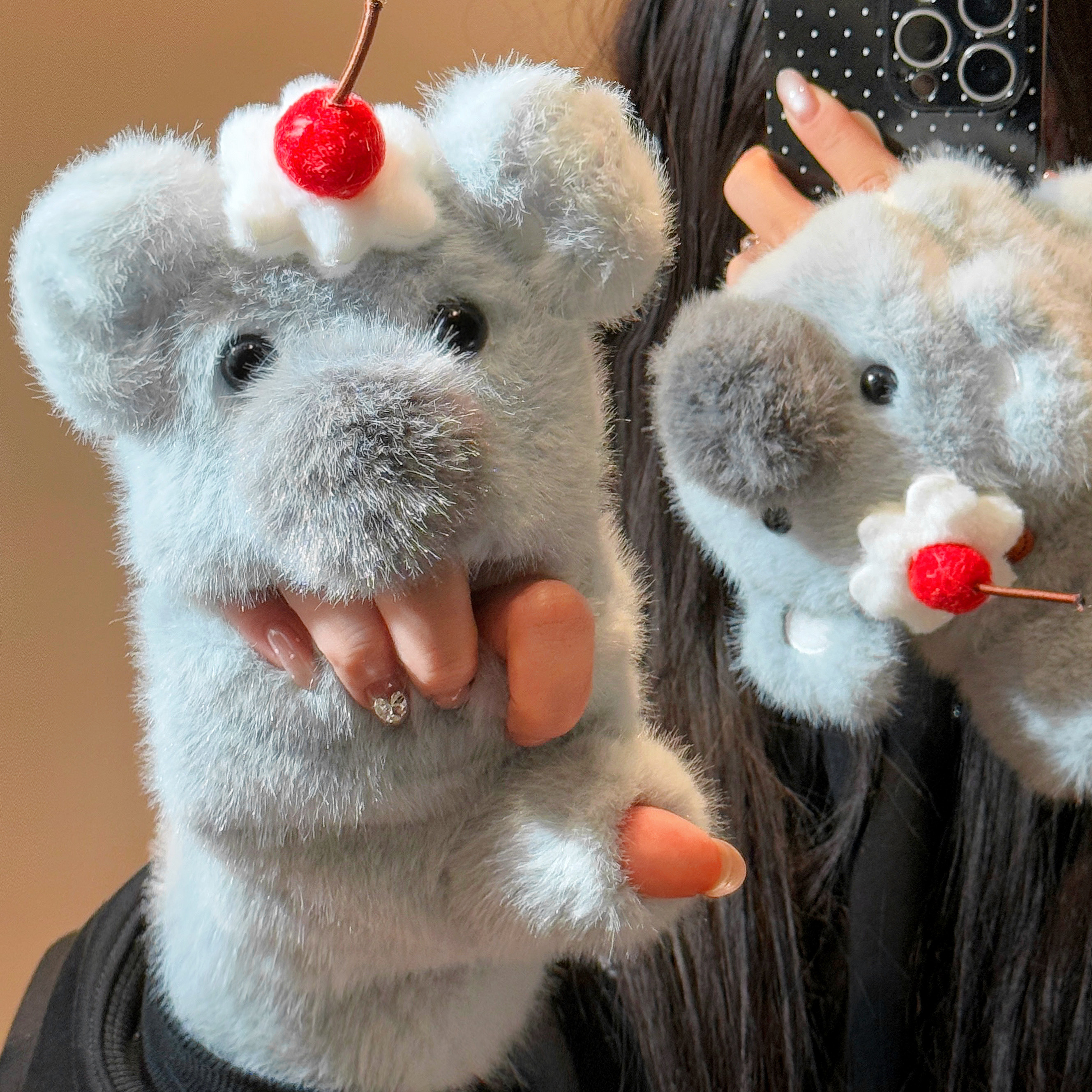 可爱蛋糕考拉翻盖半指毛绒手套