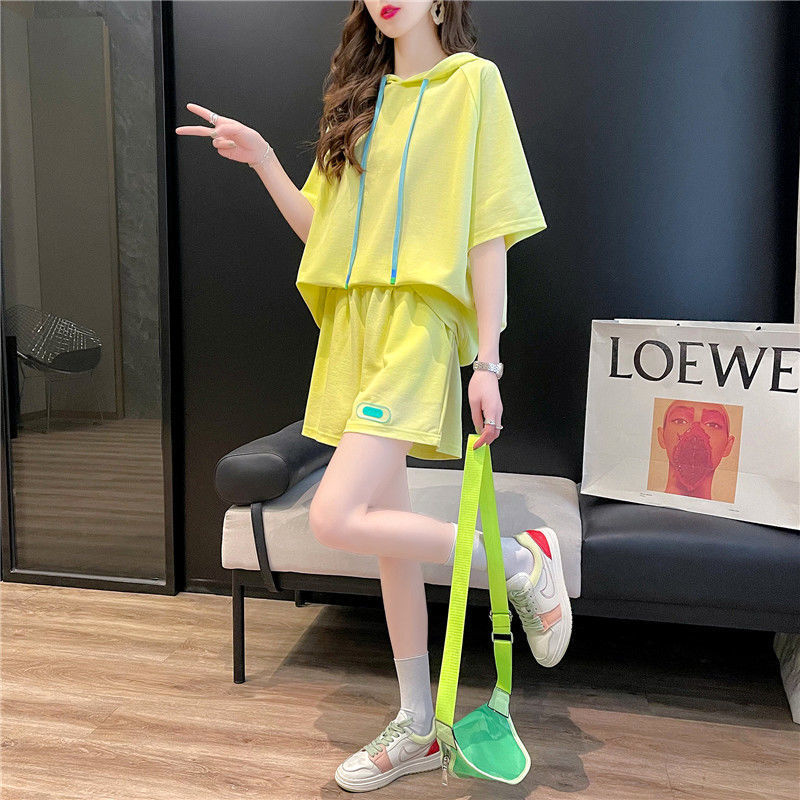 Official picture hooded Shorts Set women's summer foreign style short sleeve two piece set