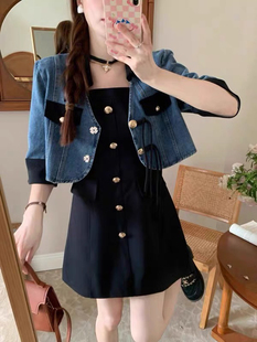 显瘦穿搭牛仔外套吊带连衣裙两件套女春秋 幸运阁设计感小众长袖