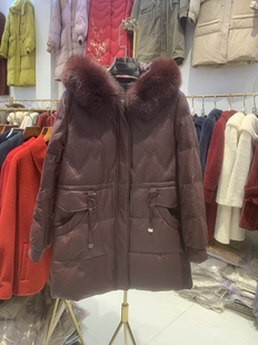 PU皮羽绒服中长款白鸭绒狐狸大毛领连帽冬季女加厚保暖外套