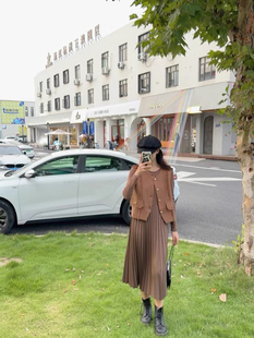 百褶裙两件套 小香风马甲连衣裙搭配一整套装 女春秋季 新款 气质长袖