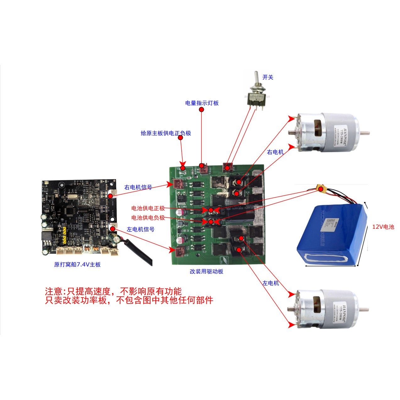 7.4V打窝船改装12V、提速功率放大板、适配2个775-795-799。,电子元器件市场,驱动器/控制器,淘宝优惠券,粉丝福利购,淘宝优惠卷