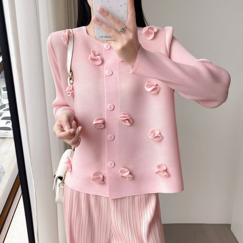 2026新款三宅风褶皱开衫女立体花朵长袖薄款防晒单排扣小外套百搭