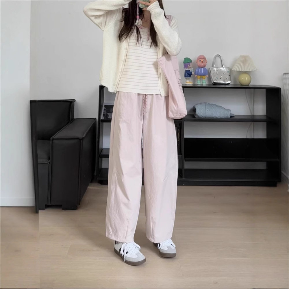 日系复古版粉色灯笼休闲裤女夏季修身显瘦高街设计感休闲百搭裤子