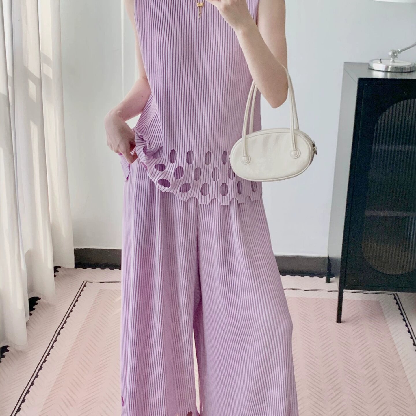 三宅设计感镂空花边褶皱女装夏套装气质宽松无袖背心阔腿裤两件套