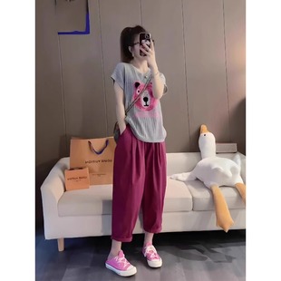 大码 搭配一整套 女装 胖mm遮肉遮肚高级感显瘦T恤休闲高腰阔腿夏装