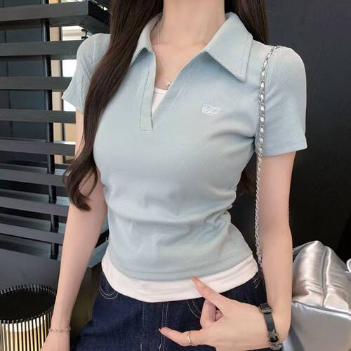 POLO领撞色假两件显瘦T恤女