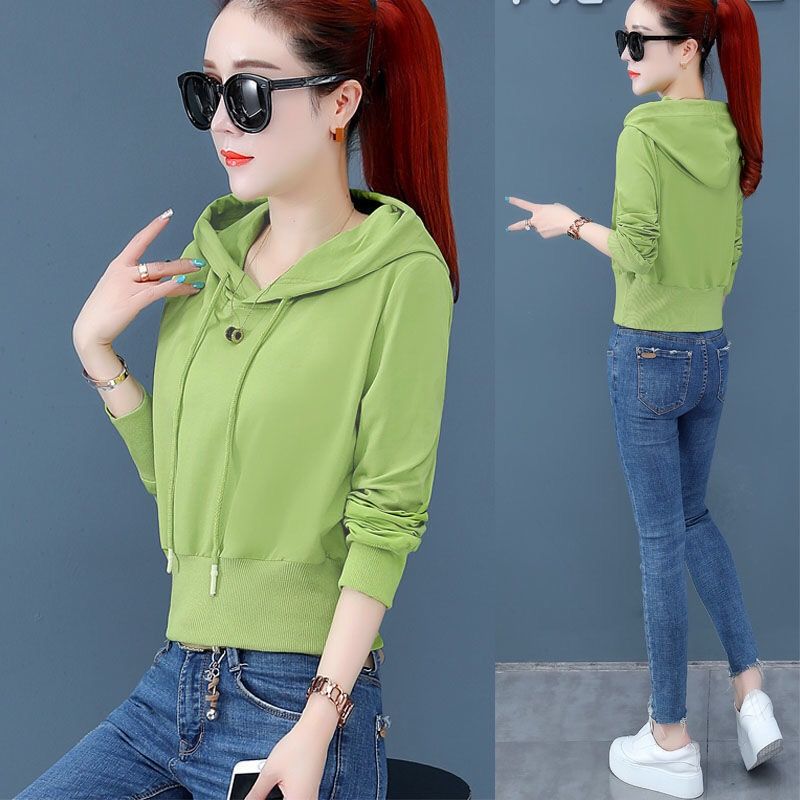 含棉牛油果绿连帽卫衣女2020新款春秋装短款收腰韩版长袖上衣外套