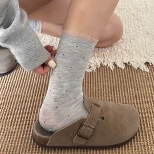 灰色波点中筒袜+勃肯鞋简直夏日绝配~袜子女春夏无骨中筒堆堆韩系