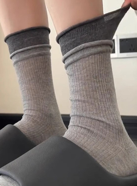 灰色系简直是miu风bi备的颜色~双色拼接春夏堆堆中筒袜子半透女棉