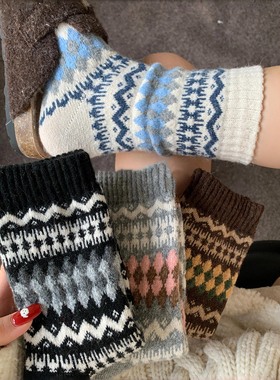 降温啦！费尔岛菱格羊毛袜来咯~复古文艺风~袜子女秋冬加厚保暖