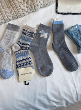 降温啦~灰蓝羊毛系列又上新了~每一双都是绝美！袜子女秋冬厚款